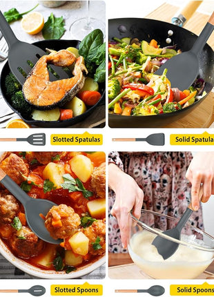 Pack of 4 Silicone Cooking Utensils Set, Non Stick Solid Spatulas and Heat Resistant Slotted Spoons with Wooden Handle, Ideal Wood Kitchen Utensils Set for Frying,Serving,Turning,Stirring (GRAY)