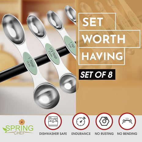 Spring Chef Stainless Steel Magnetic Measuring Spoons Set of 8 with Leveler, Dual Sided Teaspoon & Tablespoon Set, Nesting Metal Kitchen Gadgets for Baking & Cooking, Fits in Spice Jars - Pistachio