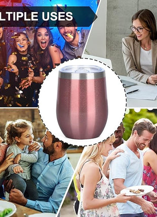 MEZMUT 12 Oz Insulated Wine Tumbler with Lid Double Wall Vacuum Stainless Steel Wine Glass Coffee Mug Insulated Tumbler Cup for Champaign, Cocktail, Beer (Rose Gold, 1 Pack)