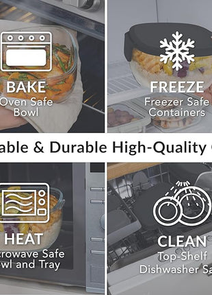 Bentgo Glass All-in-One Salad Container - Large 61-oz Salad Bowl with Lid, 4-Compartment Bento-Style Tray, 3-oz Sauce Container, and Reusable Fork - Dishwasher, Microwave, and Oven Safe (Black Onyx)