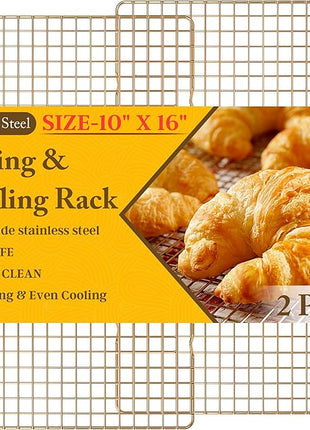 2PCS Cooling Racks for Cooking and Baking - 10" x 16"Heavy Duty Stainless Steel Wire Rack for Baking, Grilling, Roasting - Oven & Dishwasher Safe - Fits Half Sheet Pan（Gold）