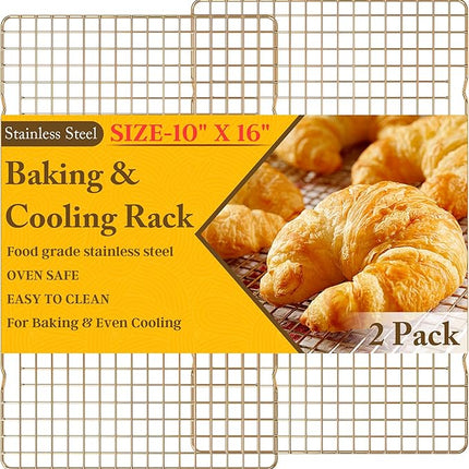 2PCS Cooling Racks for Cooking and Baking - 10" x 16"Heavy Duty Stainless Steel Wire Rack for Baking, Grilling, Roasting - Oven & Dishwasher Safe - Fits Half Sheet Pan（Gold）