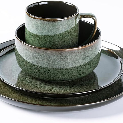 LERATIO Ceramic Dinnerware Sets for 4,16-PieceReactive Glaze Plates and Bowls Set with Mugs,Highly Chip and Crack Resistant | Dishwasher,Microwave & Oven Safe Dishes set-Green