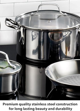 T-fal Performa Stainless Steel Cookware Set 12 Piece Induction Oven Broiler Safe 500F Pots and Pans, Dishwasher Safe Silver