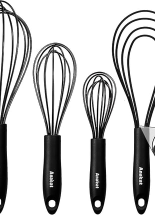 Anaeat Silicone Kitchen Whisk Set of 4, Perfect for Non-Stick Cookware, Egg Beater Milk Blender for Whisking, Cooking, Baking, Beating - 11'' Flat Whisk and 8.5''+10.5''+12'' Balloon Whisks (Black)