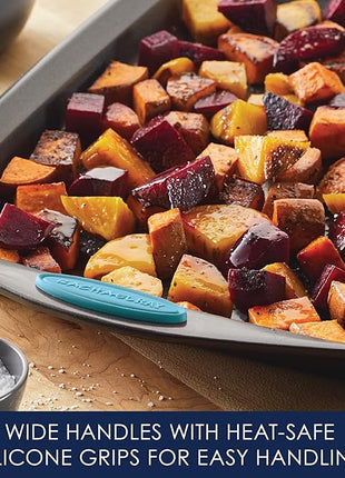 Rachael Ray Bakeware Nonstick Cookie Pan Set, 3-Piece, Gray with Agave Blue Grips