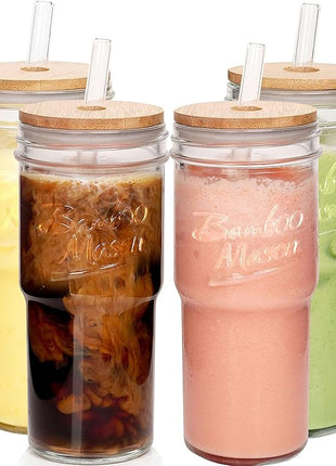 ANOTION Glass Cups with Lids and Straws 4 Packs, 24oz Travel Coffee Mug Bamboo Mason Jar Valentines Party Drinking Jars Glasses Cute Clear Glass Tumbler for Iced Coffee, Smoothie, Tea, Water