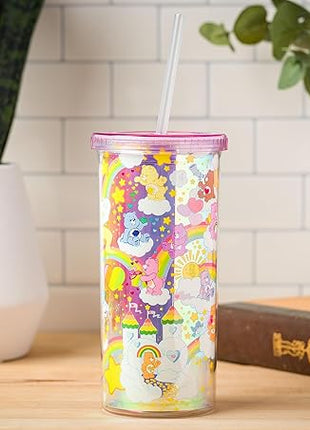 Silver Buffalo Care Bears Rainbow Stars Featuring Funshine, Grumpy, Cheer, Tenderheart Iridescent Plastic Tall Cold Cup With Lid and Straw, 20 Ounces