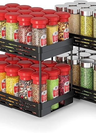 Pull Out Spice Rack Organizer for Cabinet, 2 Pack Widen Slide Out Spice Racks Organizer, Spice Cabinet Organizers, Cabinet Size Need:12'' Highx11'' Deepx6.75'' Wide,Hold 15 Spice Jar Each Tier-2Tier