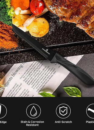 G.a HOMEFAVOR Steak Knife Set: 8-Piece Stainless Steel Sharp Serrated Knives Set for Kitchen, Full Black