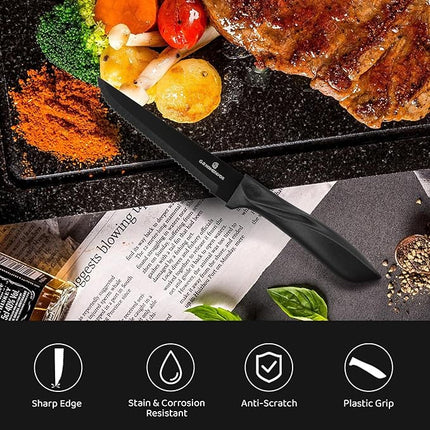 G.a HOMEFAVOR Steak Knife Set: 8-Piece Stainless Steel Sharp Serrated Knives Set for Kitchen, Full Black