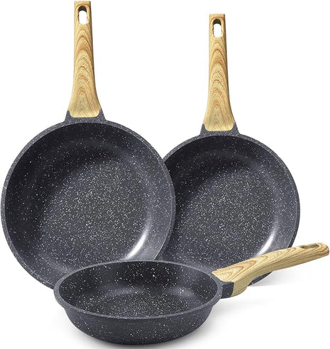 GiPP Non Stick Frying Pan Set - 8" 9.5" 11" Granite Nonstick Skillets, Non Toxic, Omelette Pan with Stay Cool Handle, Induction Compatible, PFAS/PTFE/PFOA Free, Grey