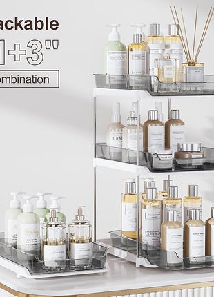 Delamu 2-Tier Multi-Purpose Bathroom Under Sink Organizers and Storage, Stackable Kitchen Pantry Organization, Pull Out Medicine Cabinet Organizer with Movable Dividers, Grey, 4 Pack