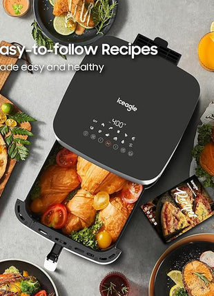 Iceagle Stainless Steel Air Fryer 9 Quart - Airfryer XXL with Large Viewing Window, Dual Heating Elements, 12-in-1 Function to Roast, Bake, Broil, Defrost, Reheat, Dishwasher-Safe Parts, 1700W, Siver