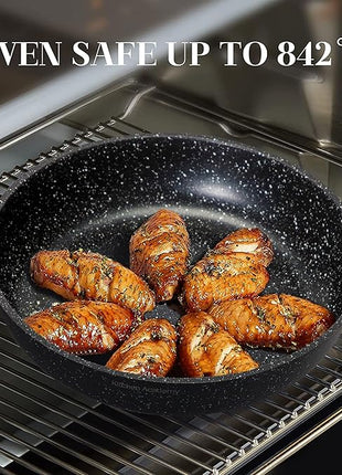 Kitchen Academy Removable Handle Induction Pots and Pans Set - 10 Piece Non-stick Cookware Sets, Black Granite Stackable RV Cookware for Camp