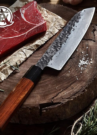 MITSUMOTO SAKARI Santoku Chef Knife 7 inch - Hand Forged Japanese Kitchen Knives, 3-Layer 9CR18MOV High Carbon Steel, Rosewood Handle & Sandalwood Box