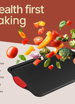 Baking Pan Set – 3 Piece Cookie Sheet – Deluxe Black Non-Stick Carbon Steel – Silicone Handles – Commercial Grade Restaurant Quality – PFOA PFOS and PTFE Free by Bakken