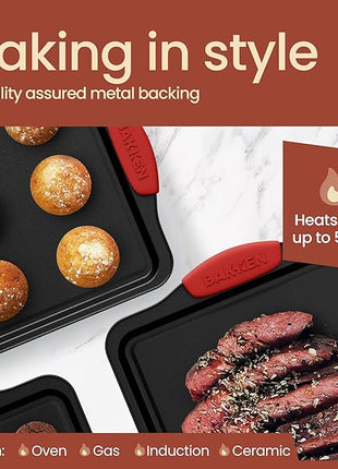 Baking Pan Set – 3 Piece Cookie Sheet – Deluxe Black Non-Stick Carbon Steel – Silicone Handles – Commercial Grade Restaurant Quality – PFOA PFOS and PTFE Free by Bakken