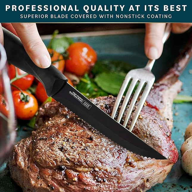 Home Hero Steak Knife Set - Effortless Cutting & Serrated Steak Knives - Rust-Resistant Stainless Steel Blades & Cutlery Set - Comfort-Grip Handles & Kitchen Knife Set - Pack of 4, Black