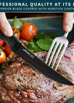 Home Hero Steak Knife Set - Nonstick Serrated Steak Knives - Stainless-Steel Kitchen Knife Set - Ergonomic TPR Handles for Precision Meat Carver - 6-Pc Set, Black