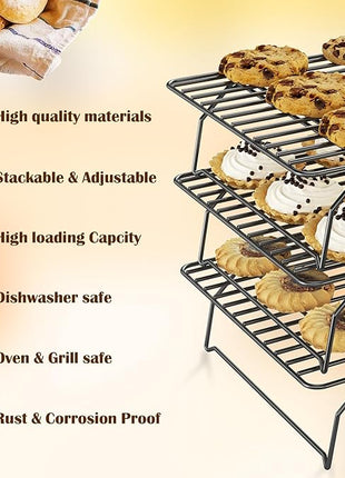3 Tier Stackable Cooling Rack for Batch Cooling Cookie, Pizza, Cake-15.8”x 10”- Heavy Duty Cooling Racks for Cooking and Baking, Oven and Dishwasher Safe Baking Supplies-Black
