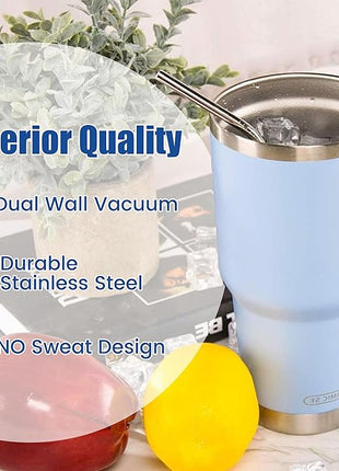D·S 30oz Blue Tumbler Stainless Steel Double Wall Vacuum Insulated Mug with Straw and Lid, Cleaning Brush for Cold and Hot Beverages