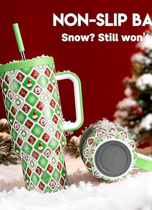 Meoky 40 oz Christmas Tumbler with Handle and Straw, Xmas Tumbler with Lid and Straw, Insulated Stainless Steel Travel Mug, Christmas Gifts for Women Men Adults (Snowy Santa)