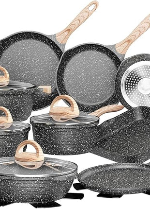 JEETEE Pots and Pans Set Non Stick 23pcs, Healthy Kitchen Cookware Sets, Induction Cooking Set W/Gray Frying Pans, Saucepans, Sauté & Griddle & Crepe Pan (PFOA, PFAS Free)