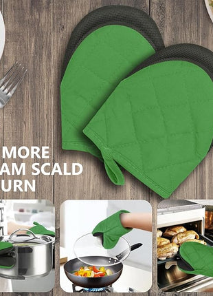 1 Pair Short Oven Mitts - Silicone Kitchen Oven Gloves High Heat Resistant 500℉, Mini Oven Mits with Non-Slip Grip Surfaces and Hanging Loop for BBQ, Baking, Cooking and Grilling (Green)
