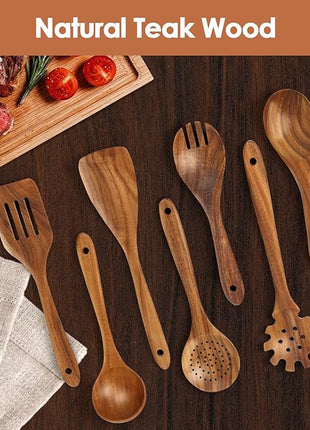 comfoyar Teak Wooden Spoons for Cooking, 7 Pieces Kitchen Cooking Utenails Set with Spatula and Ladle, Heat Resistant Kitchen Cookware for Nonstick Pan