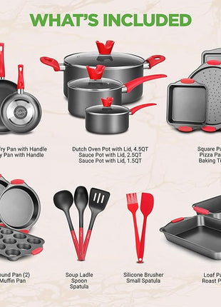NutriChef 21-Piece Nonstick Cookware Set - PTFE/PFOA/PFOS Free Heat Resistant Lacquer Kitchen Ware Pots Pan w/ Cool-Touch Handles, Saucepan, Fry Pans, Lid, Bakeware, For Gas Electric Ceramic Cooktops