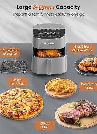 Nuwave Brio Plus Air Fryer 8 Qt, New & Improved, PFAS-FREE, 7 Digital One-Touch Cook Functions that AIR FRY, BAKE, ROAST, DEHYDRATE, TOAST, REHEAT, PREHEAT, 150 Presets, 50°F~400°F (Cool Gray)