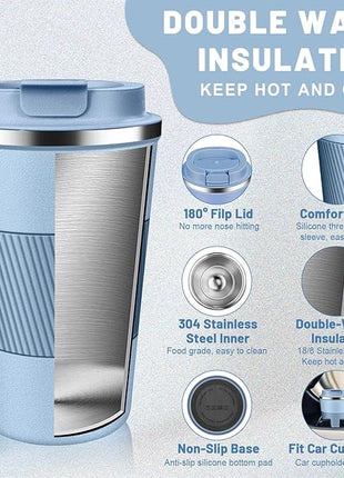 Insulated Coffee Tumblers with Flip Lid 12oz / 17oz, Stainless Steel Travel Coffee Mug Leak Proof, Vacuum Insulated Coffee Mug Reusable Cup, Keeps Cold and Hot for Coffee Tea