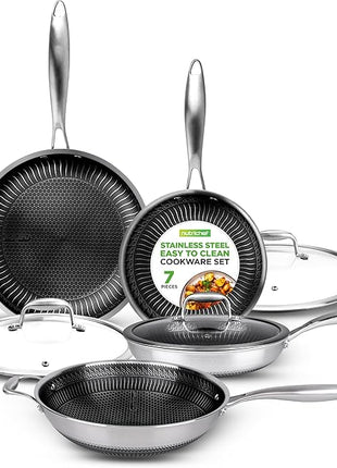 NutriChef 7-Piece Tri-Ply Stainless Steel Frying Pan Set & Wok – Nonstick, Induction Compatible, Oven Safe, Scratch-Resistant, Dishwasher Safe