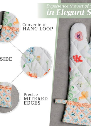 Maison d' Hermine 100% Cotton Oven Mitt & Pot Holder Set (7.5"x13" & 8"x8") Heat Resistant BBQ Cooking Gloves with Loop, Baking, Grilling, Kitchen, Handling Hot Pans Spring/Summer (Summer Whisper)