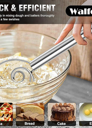 Walfos Danish Dough Whisk, Rustproof Stainless Steel Bread Whisk, Quick Mixing Bread Mixer, Dutch Dough Whisk for Cooking, Blending, Whisking, Stirring, Sourdough, Pizza, Pastry, Cake Batter…
