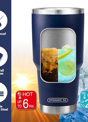 D·S 30 oz Navy Tumbler Stainless Steel Double Wall Vacuum Insulated Mug with Straw and Lid, Cleaning Brush for Cold and Hot Beverages