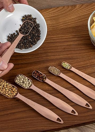 Accurate 18/8 Stainless Steel Measuring Spoons, Heavy Duty Good Handle Set of 6 Measuring Spoon with Ring Connector, Rose Gold
