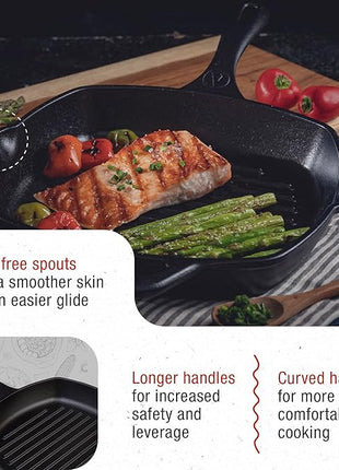 Victoria Cast Iron Grill Pan, Square Grill Pan, Cast Iron Griddle Pan, Seasoned with 100% Kosher-Certified, Non-GMO Flaxseed Oil, Black, 10 Inches