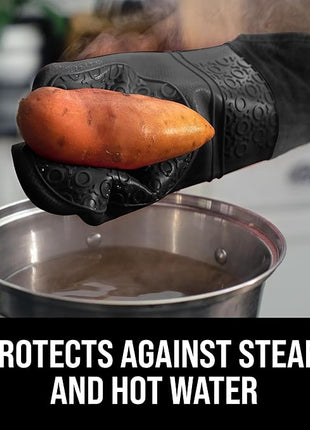 BPA-Free Silicone Oven Mitts Ultra Heat Resistant up to 500°F - Oven Mitts with Thick Cotton Liner - Long Slip Resistant Pot Holders, Flexible Oven Gloves - Black 14.7