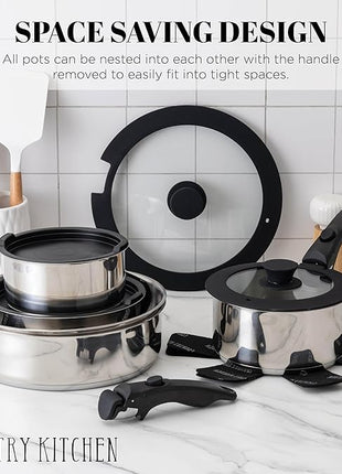 Country Kitchen Cookware Set with Removable Handle, Oven & RV Safe Pots and Pans Set, Stainless Steel, Original