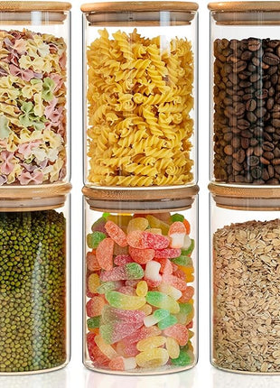 YUNCANG Glass Food Storage Jars 50oz [Set of 6],Clear Glass Food Storage Containers with Airtight Bamboo Lid Stackable Kitchen Canisters for Candy,Cookie,Rice,Sugar,Flour,Pasta