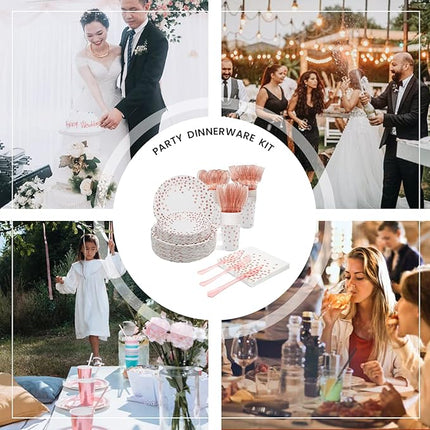AIRE 175PCS White and Rose Gold Paper Plates Party Supplies for 25 Guests Party Decorations Dinnerware Rose Golden Dot Paper Plates Napkins Cups Gold Plastic Forks Knives Spoons for Wedding Birthday