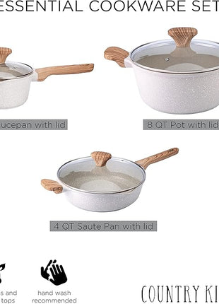 Country Kitchen Non-Stick Cast Aluminum Cookware Set - Durable Kitchen Cookware for Everyday Cooking, Speckled Cream, 6 Pc.
