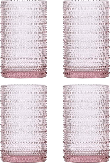Fortessa Jupiter Beaded Hobnail Glass, 13 Ounce Iced Beverage (Set of 4), Pink