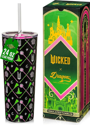 Dragon Glassware x WICKED Vacuum Insulated Tumbler with Lid and Straw - 24 oz Tumbler Cup with 2 Straws - Stainless Steel Tumbler with Straw for Water, Iced Tea - Wicked Movie Green Tumbler with Straw