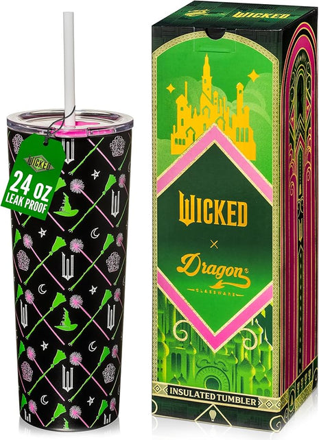 Dragon Glassware x WICKED Vacuum Insulated Tumbler with Lid and Straw - 24 oz Tumbler Cup with 2 Straws - Stainless Steel Tumbler with Straw for Water, Iced Tea - Wicked Movie Green Tumbler with Straw