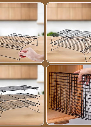 Cooling Rack for Baking 3 Tiers, 16" x 10" Cookie Cooling Wire Rack Stackable Collapsible Nonstick, Stainless Steel Baking Cooking Cooling Racks with Optimum Air Flow, Black