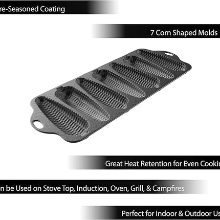 Cast Iron Cornbread Pan-Pre-Seasoned Bakeware with 7 Corncob Sticks-Compatible with Oven, Stovetop, Induction, Grill, and Campfires by Classic Cuisine,