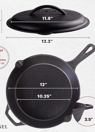 Cuisinel Cast Iron Skillet with Lid - 12"-inch Pre-Seasoned Covered Frying Pan Set + Silicone Handle & Lid Holders + Scraper/Cleaner - Indoor/Outdoor, Oven, Stovetop, Camping Fire, Grill Safe Cookware
